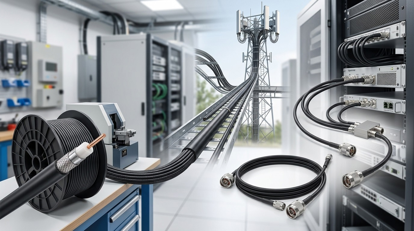 RF coaxial cable reel, heavy-duty feeder line, and flexible jumper cable with DIN and N-type connectors in a telecommunications equipment room. RF coaxial cable reel, heavy-duty feeder line, and flexible jumper cable with DIN and N-type connectors in a telecommunications equipment room.